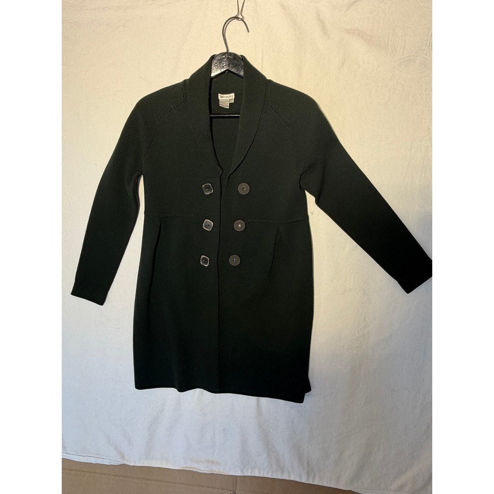 Worth New York 100% Wool Longline Cardigan Sweater Green Shawl Collar Petite P